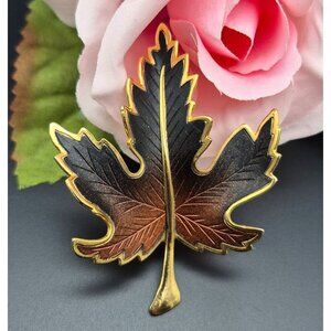 Gold Tone & Brown Textured Fall Maple Leaf Brooch Pin MINT 2"